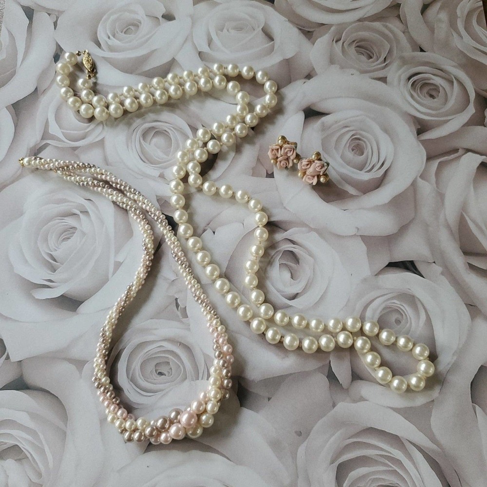 Vintage Faux Pearl Necklaces (2) and Earrings